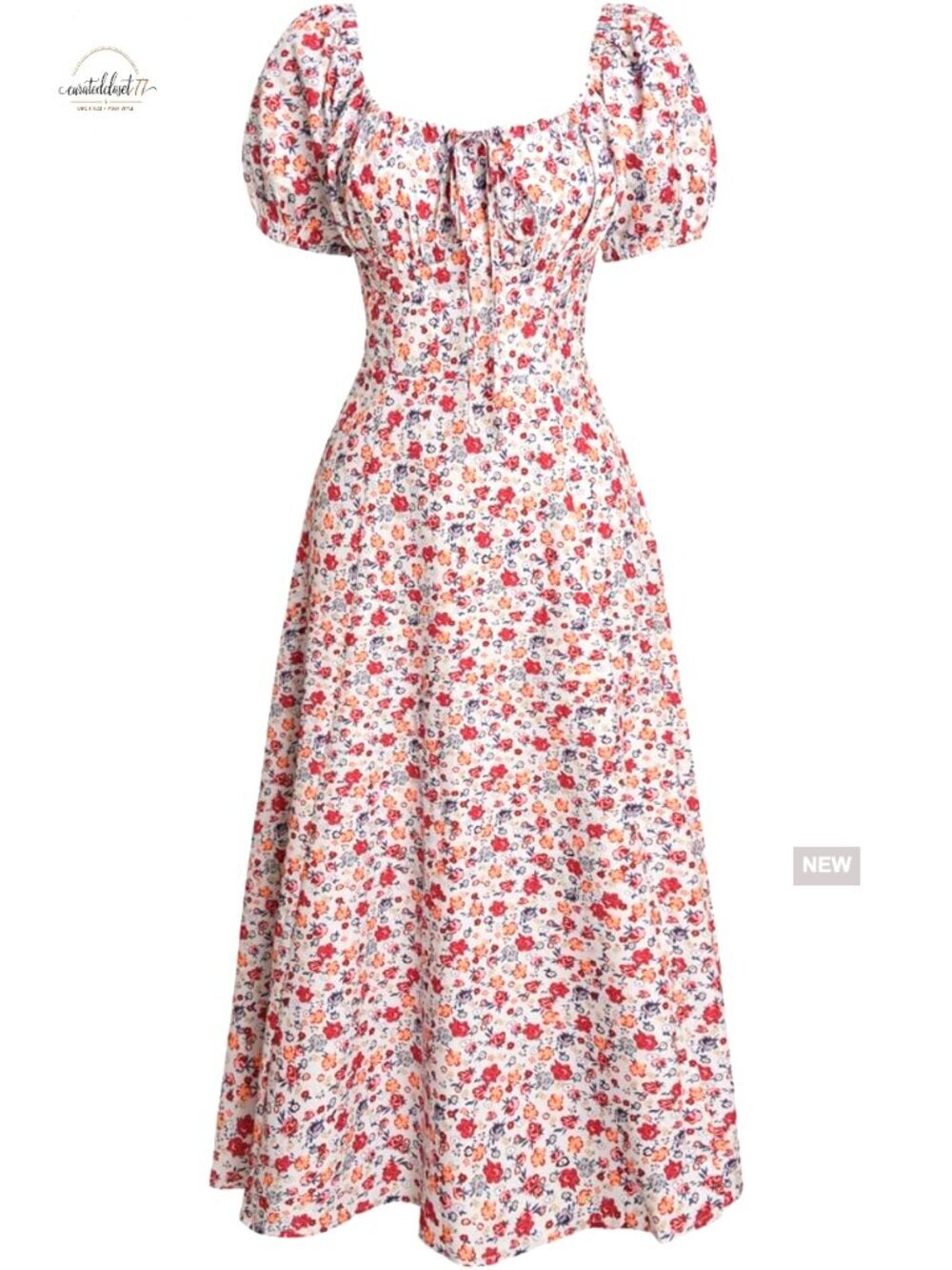 Summer Midi Dress Adjustable Bust Square Neck Floral A-Line - Picture 1 of 7